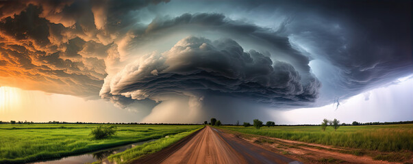 Supercell storm Thunder Tornado on road, wide banner or panorama photo.