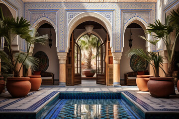 Fototapeta na wymiar Moroccan riad , reflecting the distinctive architecture of North Africa. Courtyard house with a central fountain, surrounded by arched doorways