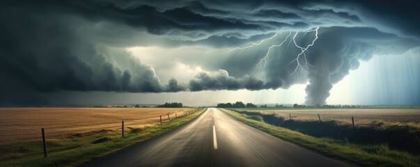 Supercell storm Thunder Tornado on road, wide banner or panorama photo. - obrazy, fototapety, plakaty
