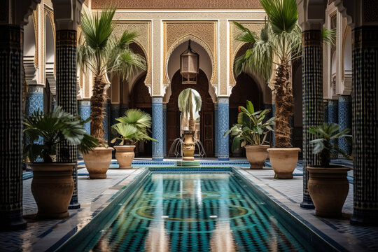 Moroccan riad , reflecting the distinctive architecture of North Africa. Courtyard house with a central fountain, surrounded by arched doorways
