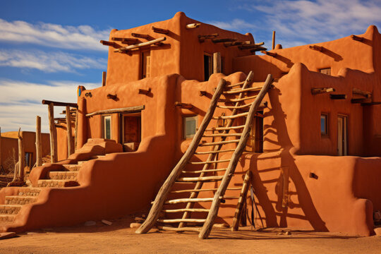 Pueblo-style adobe house, reflecting the traditional architecture of Native American communities in the Southwestern United States. Multi-story house made of adobe bricks, with flat roofs