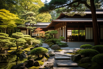Traditional Japanese house, showcasing its unique architecture. Wooden structure with sliding shoji doors, tatami mat flooring and sloping roof. The house is surrounded by a tranquil Japanese garden