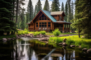 Obraz premium Traditional log cabin, showcasing the rustic charm of North American frontier architecture. Sturdy wooden house constructed with interlocking logs and a pitched roof