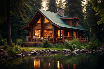 Traditional log cabin, showcasing the rustic charm of North American frontier architecture. Sturdy wooden house constructed with interlocking logs and a pitched roof