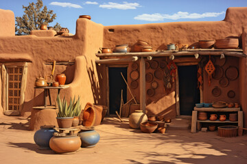 Naklejka premium Adobe house, single-story house made of sun-dried clay bricks, with flat roofs and earth-toned exteriors