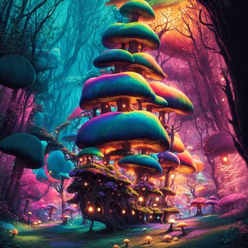 A world full of mushrooms of different colors and sizes. In the middle there is a large mushroom consisting of layers of mushrooms. All this gives a beautiful and vibrant view.