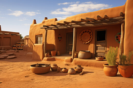 Adobe house, single-story house made of sun-dried clay bricks, with flat roofs and earth-toned exteriors