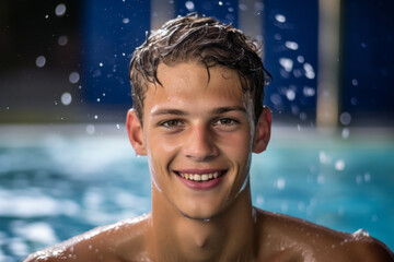 Portrait of a handsome caucasian college swimmer smiling at the swimming pool