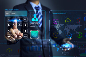 Businessman verify identity with finger scan and enter password 8 digits to access data analytics dashboard is cyber security two factor authentication. ISO 27001 safety information technology concept