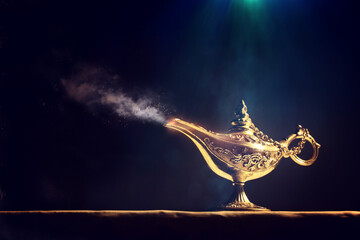 Image of magical mysterious aladdin lamp with glitter sparkle smoke over black background. Lamp of wishes - obrazy, fototapety, plakaty