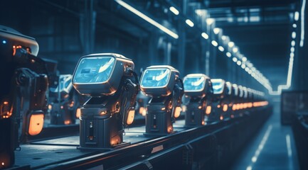 Robotic Assembly Line in Industrial Warehouse with Blue Illumination, Generative AI