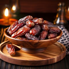Dried date palm fruit on a wooden plate Generative AI