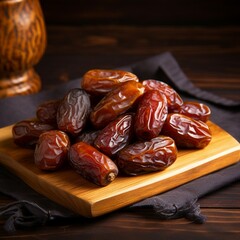 Dried date palm fruit on a wooden plate Generative AI