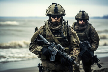 Fototapeta premium Seal team in uniform with gun ready to fight