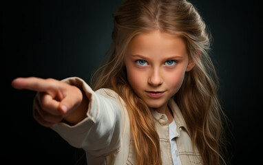 Fototapeta premium 10 year old girl with long blond hair pointing at the camera towards you