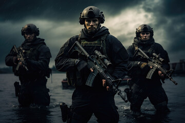 Navy SEALs team fighters, soldiers in full ammunition and camo uniform