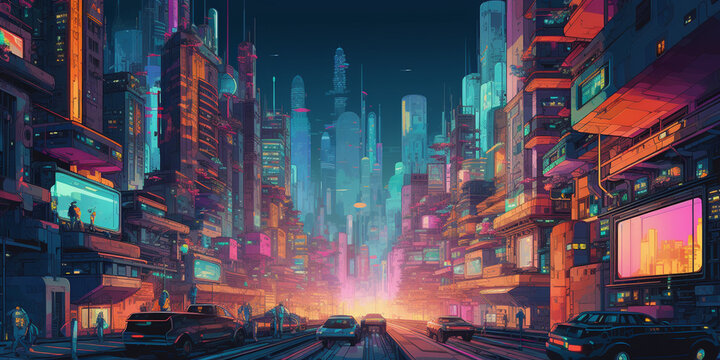 Sci-fi fantasy city, cyberpunk buildings illustration