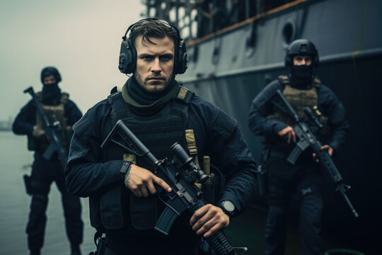 Special forces teams operate on ships at sea.