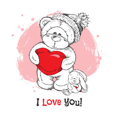 Love you poster or card design with teddy bear hand drawn vector illustration.