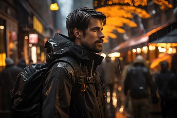 Obraz premium Man with backpack walking on the street, dark yellow and dark gray cityscape, Walk To Work Day