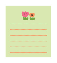 Note, card, letter design template illustration with hand drawn cute flower characters.