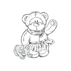 Cute teddy bear dressed in skirt waving, hand drawn sketch vector illustration isolated on white background.