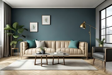 Interior living room wall mockup with leather sofa and decor on white background. modern living room. 3d rendering