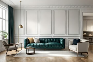Interior living room wall mockup with leather sofa and decor on white background.3d rendering