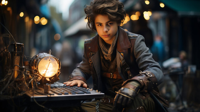 A Boy wearing goggle in steampunk style sitting at a computer, Teenager hacker sitting at old laptop in dystopian future with blurry street background,Generative Ai