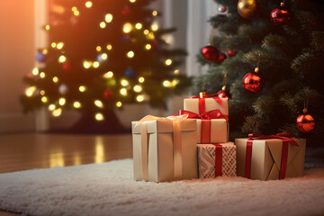 Fototapeta na wymiar Beautiful Christmas presents over Christmas lights and Christmas tree on light background. Beautiful Christmas gift box decorations