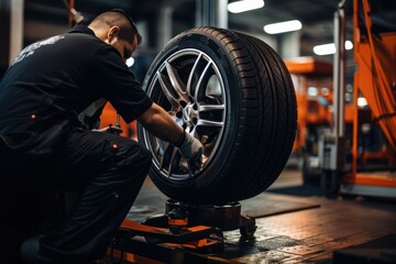 male tire changer Check the condition of new tires in stock for replacement at a service center or auto repair shop. Tire warehouse for the automobile industry