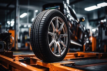 Fototapeta premium male tire changer Check the condition of new tires in stock for replacement at a service center or auto repair shop. Tire warehouse for the automobile industry