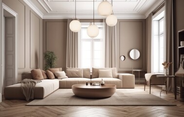 Interior design of aesthetic living room interior with mock up room, modular sofa, wooden stand, vase with branch and personal accessories. Home decor. Template. AI Generative