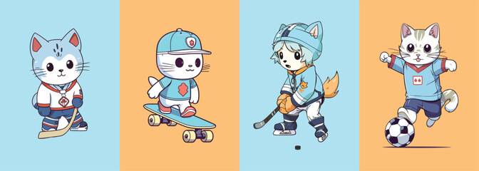 Cute Cat Playing Many Games: Set of 4 Sports Jersey Illustrations