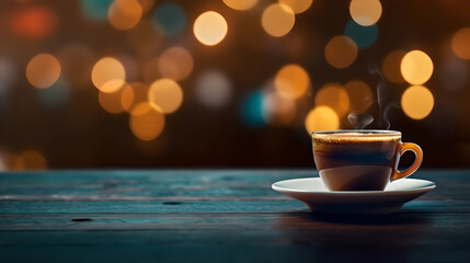 Obraz na płótnie Canvas A cup of coffee on a wooden table with bokeh lights in the background. Cup of coffee in cafe with blurred background and copy space