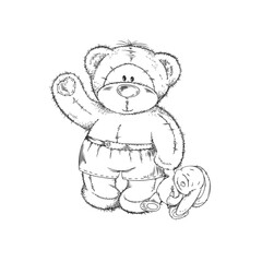 Colorless hand drawn funny Teddy bear boy with a toy bunny in the paw, cartoon sketch bear doll vector illustration