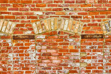 Background asset red brick wall with bricked off doorway and flecks of white textured paint