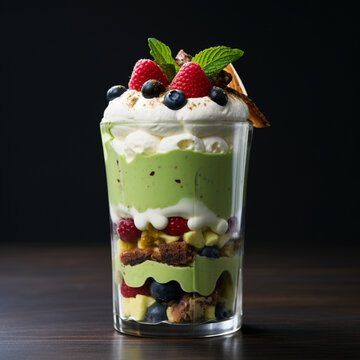A Green Tea parfait in a glass with berries, mint, cake, nuts and whipped cream