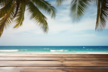 Empty wood table top with blurred beautiful sandy beach with palm trees, clear blue water background, for display or montage of your products. Generative AI.
