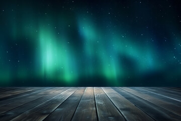 Empty wooden table top with blurred The mesmerizing Northern Lights dancing in the night sky on the background, for display or montage of your products. Generative AI.