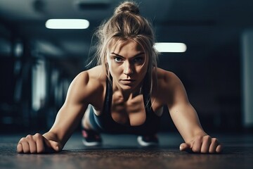 Fototapeta na wymiar HIIT workout in gym, athlete woman in powerful dark theme