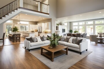 Fototapeta premium Beautiful and large living room interior with hardwood Generative AI