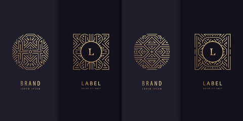 Vector set of logo design templates, brochures, flyers, packaging design in trendy linear art deco, letters in squares. Use for luxury products, wedding invitations, organic cosmetics, wine packaging.