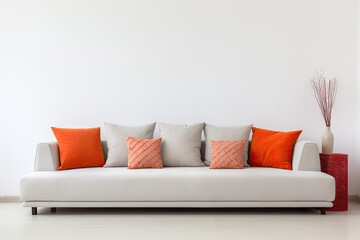Comfortable couch with orange and red pillow Generative AI