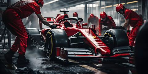Formula one race car pit crew ready for action in the pit lane of a pitstop, Car race, ultimate teamwork concept.  - obrazy, fototapety, plakaty