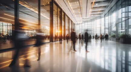 Long exposure shot of crowd of business people walking in bright office lobby, digital ai.