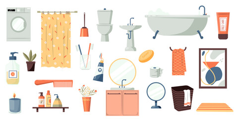 Bathroom accessories set. Cartoon toilet hygiene equipment, soap gel shampoo, sink with mirror towel and bathtub faucet. Vector flat collection
