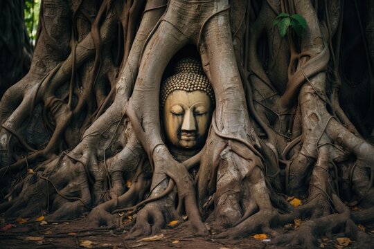 Ancient buddha statue under big tree. Generative AI