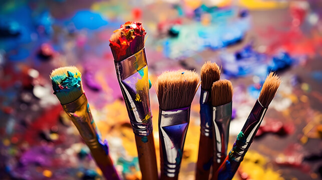 Colorful paint brush splashes on canvas. Row of artist paintbrushes closeup on artistic canvas