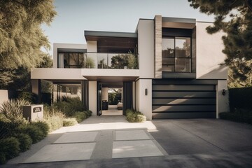 Fototapeta na wymiar Contemporary home with white gate and modern garage. Generative AI